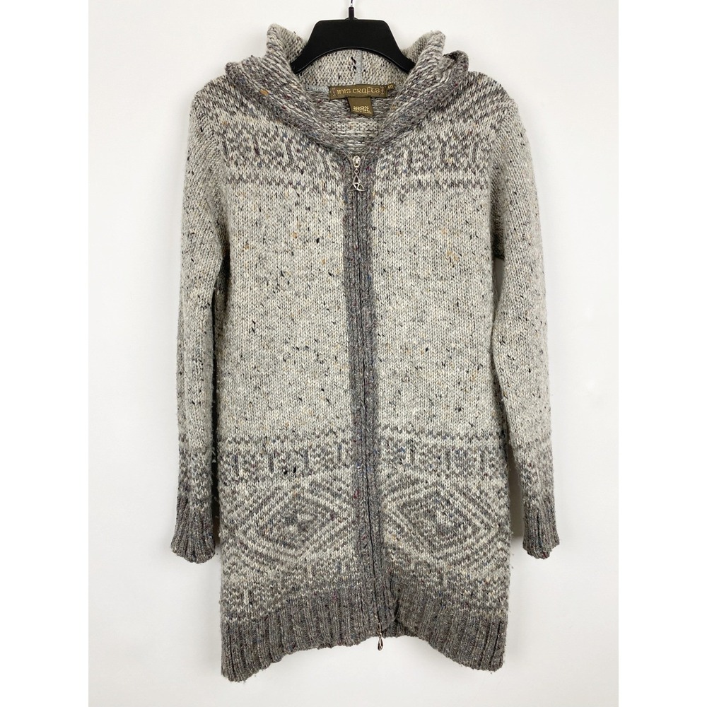 Inis Crafts Wool Fair Isle Hooded Full Zip Cardigan Sweater Womens S Grey Irish